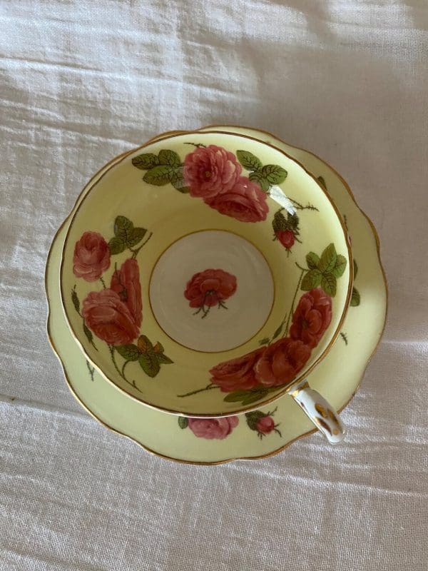 Foley tea cup and saucer set yellow with large cabbage roses