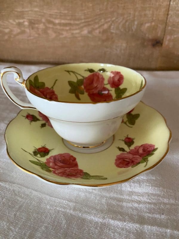 Foley tea cup and saucer set yellow with large cabbage roses yellow white pink gold