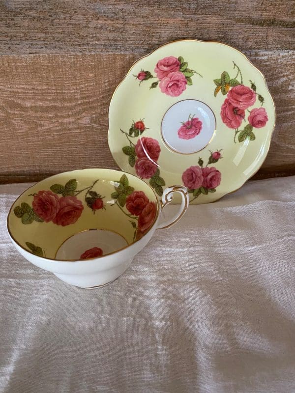 Foley tea cup and saucer set yellow with large cabbage roses front