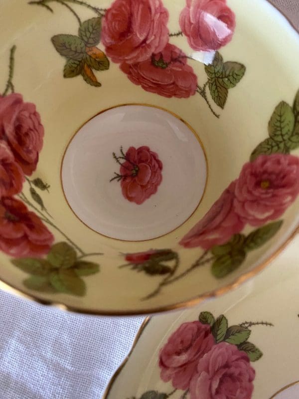 Foley tea cup and saucer set yellow with large cabbage roses close