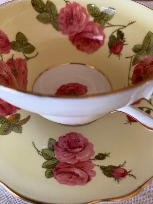 Foley tea cup and saucer set yellow with large cabbage roses close edge