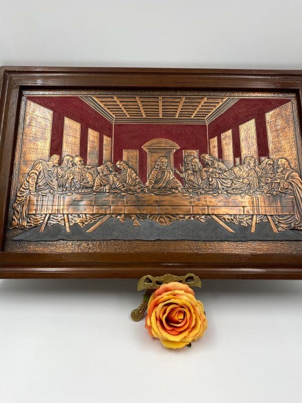 vintage last supper picture copper flocked in red in wooden frame embossed copper detail