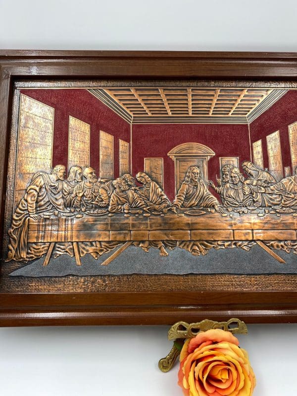 vintage last supper picture copper flocked in red in wooden frame middle