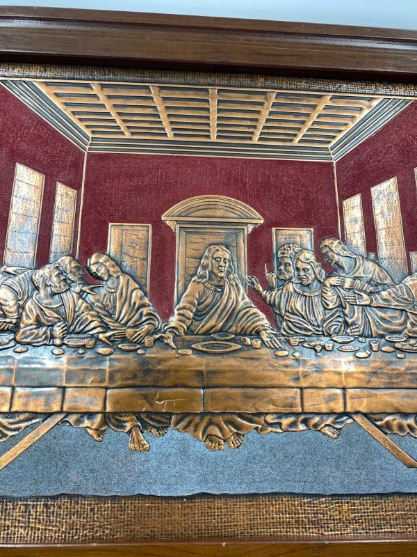 vintage last supper picture copper flocked in red in wooden frame close Jesus