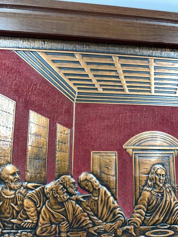 vintage last supper picture copper flocked in red in wooden frame close to show detail and wooden texture