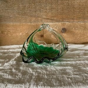 green glass basket hand blown front