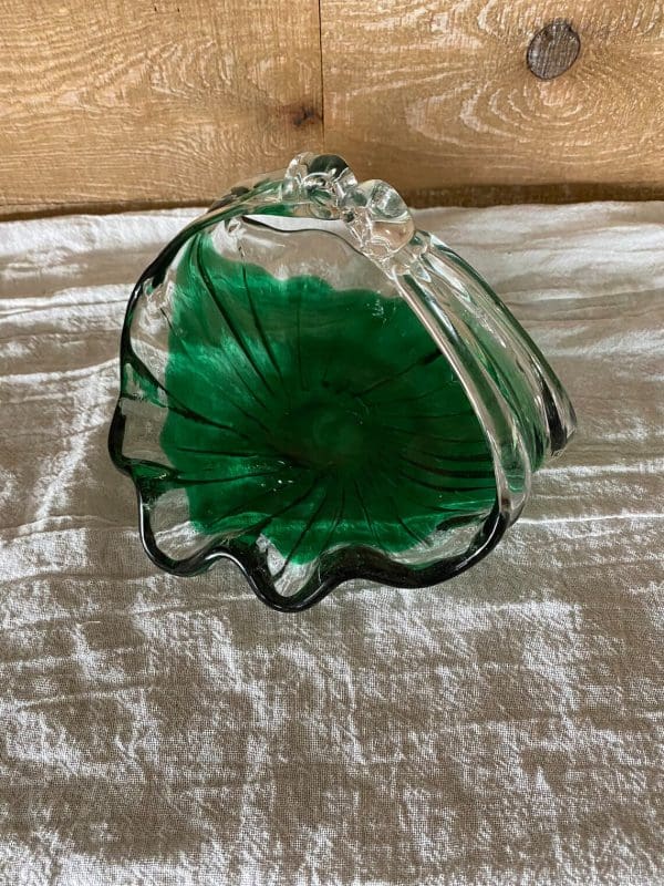 green glass basket hand blown front top split handle