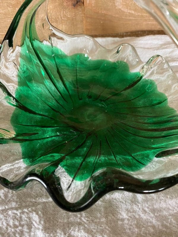 green glass basket hand blown front close