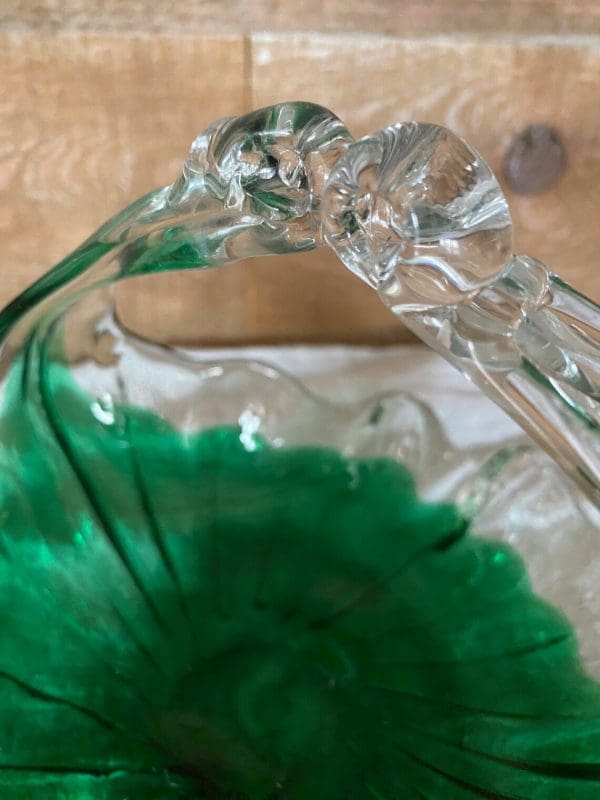 green glass basket hand blown close handle design