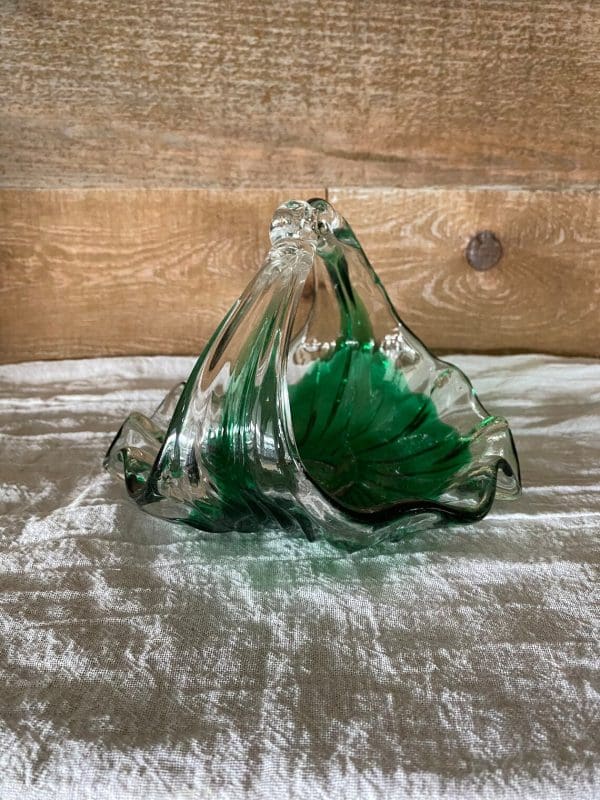 green glass basket hand blown right side