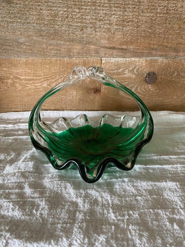 green glass basket hand blown back