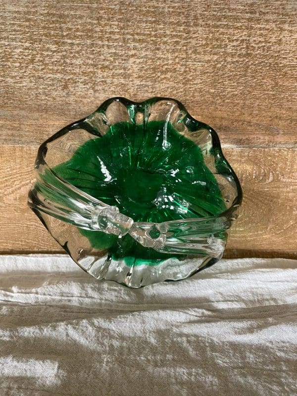 green glass basket hand blown top with basket on side