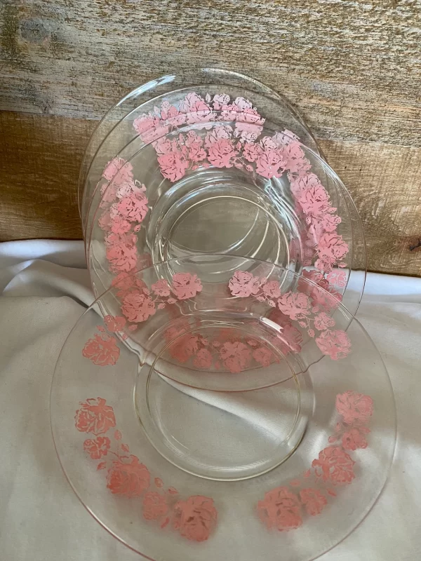 Shabby Chic cake plates clear with pink flower edge leaning