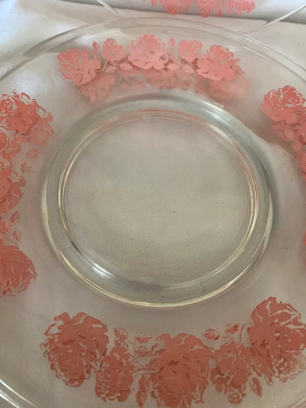 Shabby Chic cake plates clear with pink flower edge close showing clear with pink design