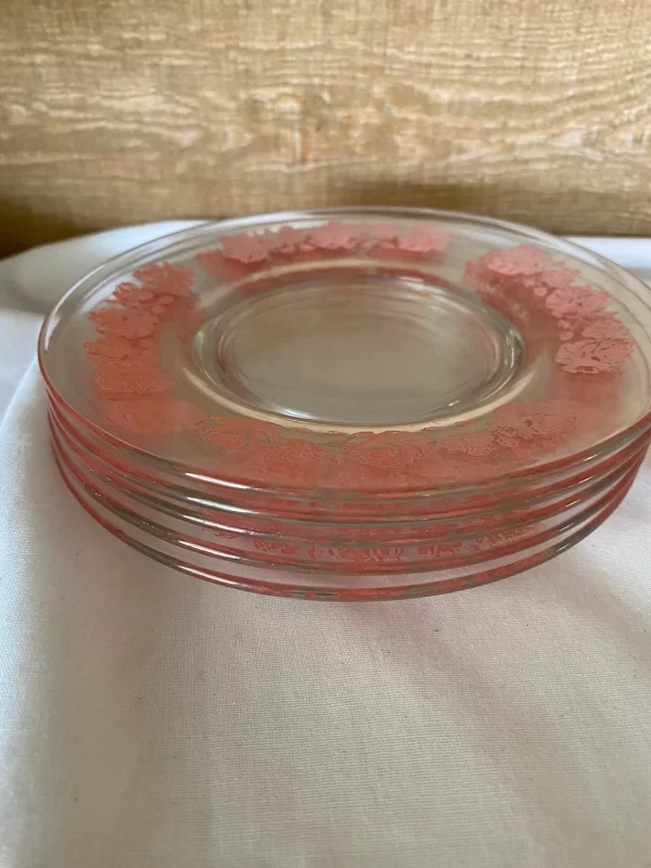 Shabby Chic cake plates clear with pink flower edge all stacked