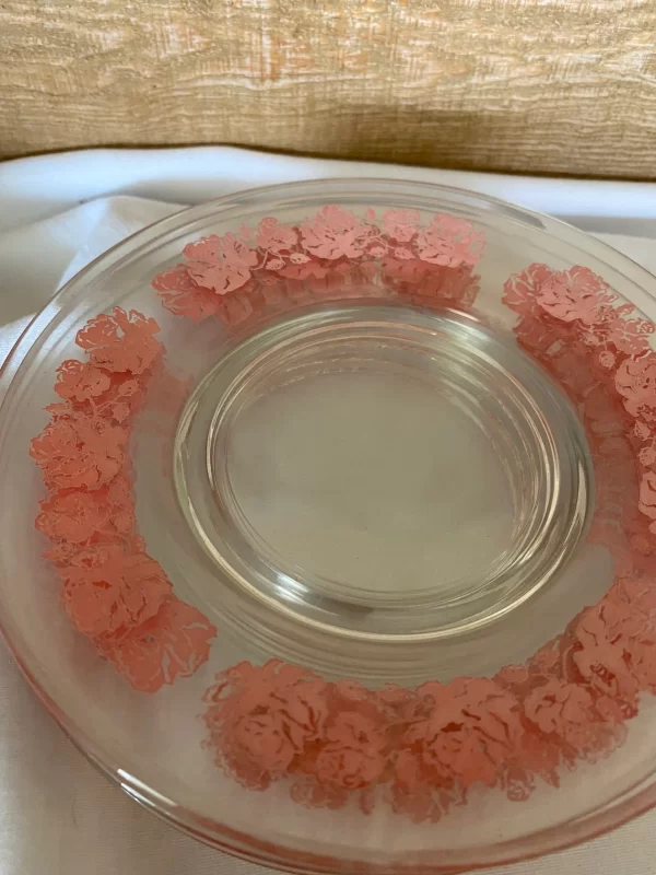 Shabby Chic cake plates clear with pink flower edge top of stacked