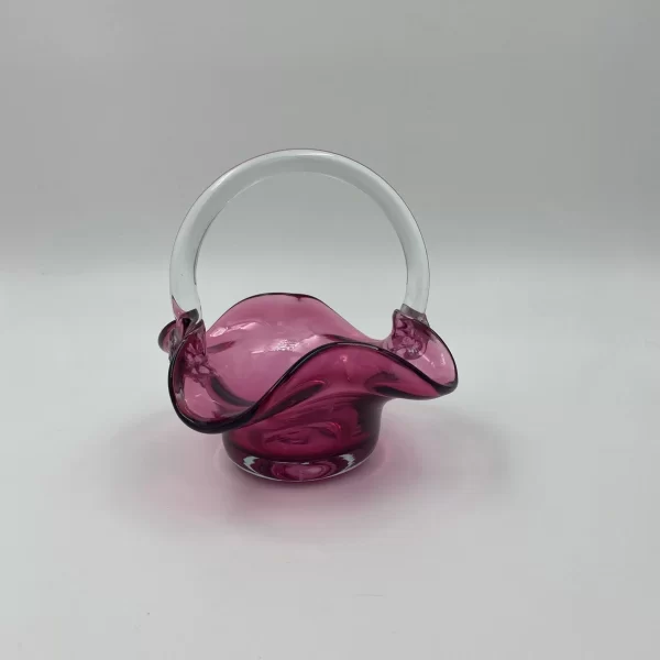 hand blown glass basket pink cranberry with clear handle