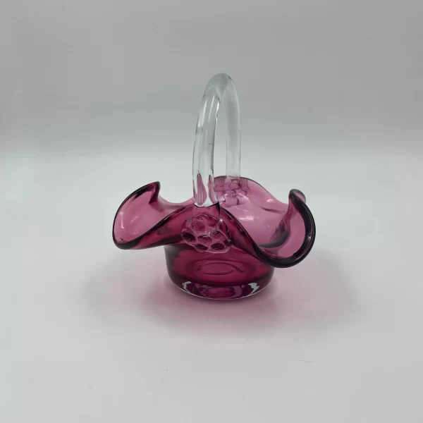 hand blown glass basket pink cranberry with clear handle side