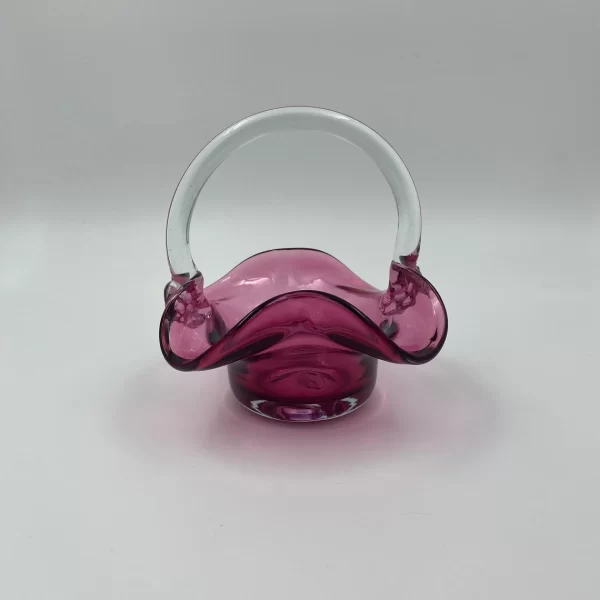 hand blown glass basket pink cranberry with clear handle back