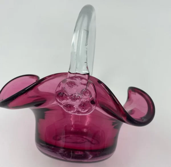 hand blown glass basket pink cranberry with clear handle clear glass flower attaching handle