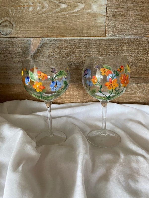 hand painted goblets orange blue flowers with butterflies