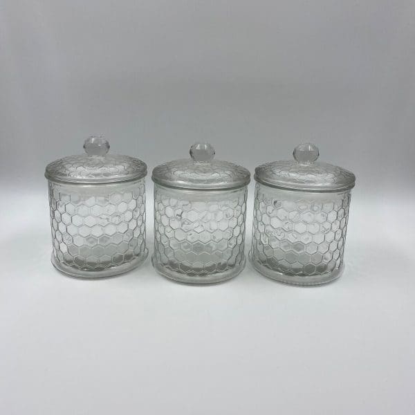 honeycomb canister with honey bee on front clear embossed glass back