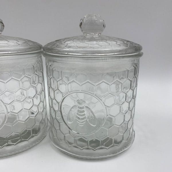 honeycomb canister with honey bee on front clear embossed glass three of three