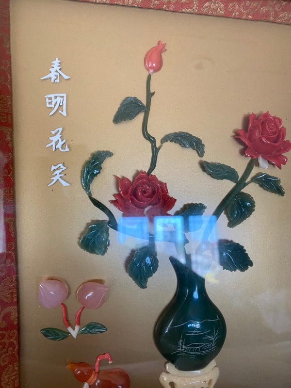 vintage shadow box Jade Coral Pink Quartz flower arrangement framed close asian writing