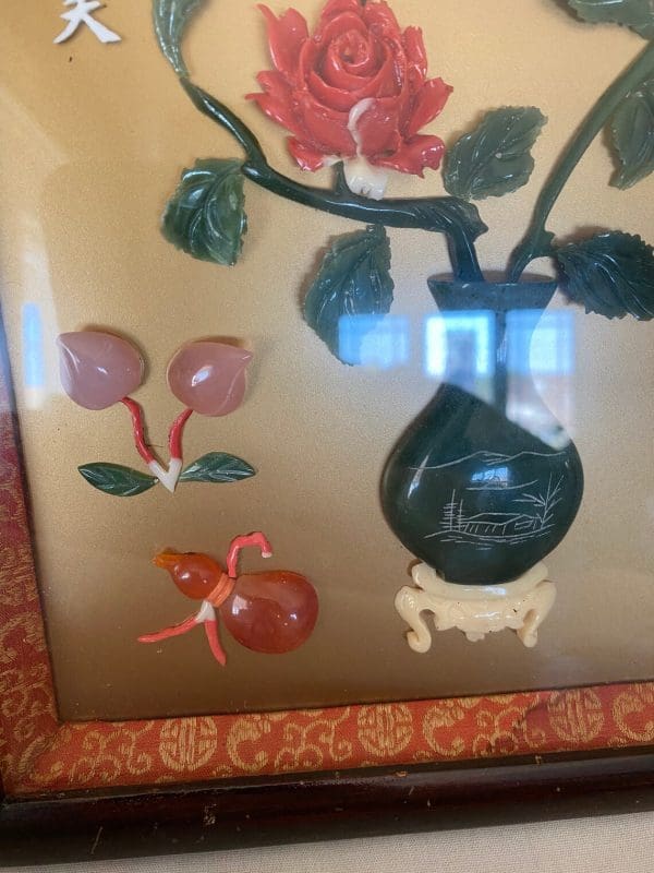 vintage shadow box Jade Coral Pink Quartz flower arrangement framed silk fabric mat