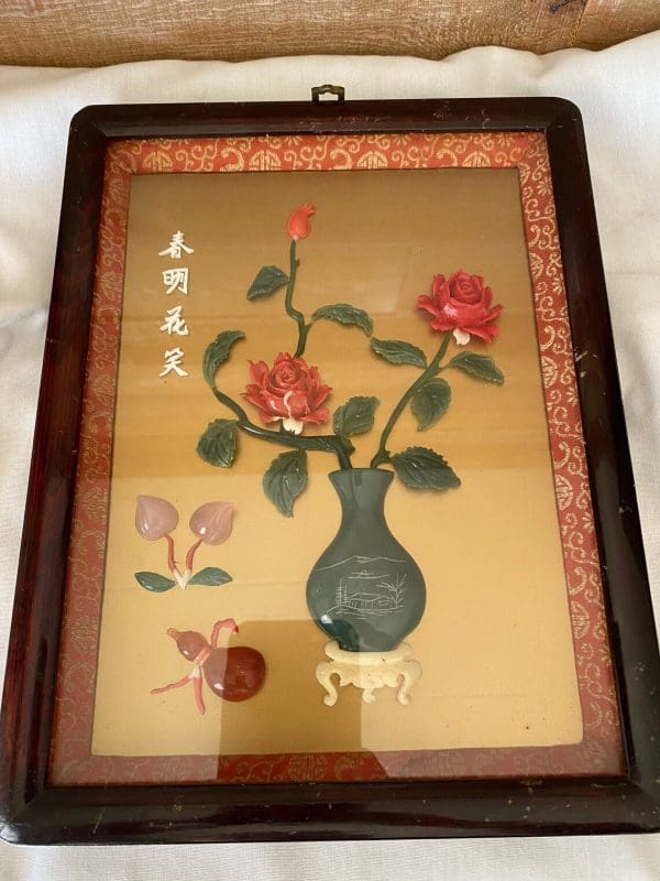 vintage shadow box Jade Coral Pink Quartz flower arrangement framed laying