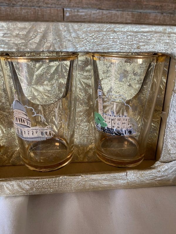 London landmark drink glasses close to show detail two of six glasses