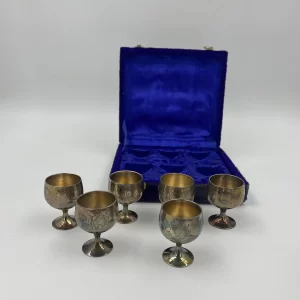 vintage shot glass set etched metal in velvet lined case