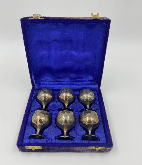 vintage shot glass set etched metal in velvet lined case set of six