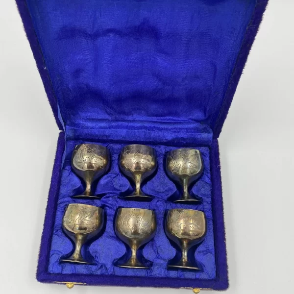 vintage shot glass set etched metal in velvet lined case top view