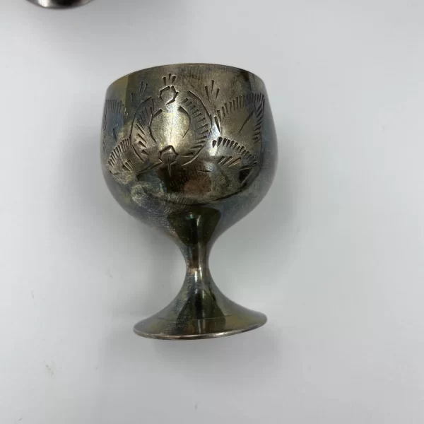 vintage shot glass set etched metal one of six