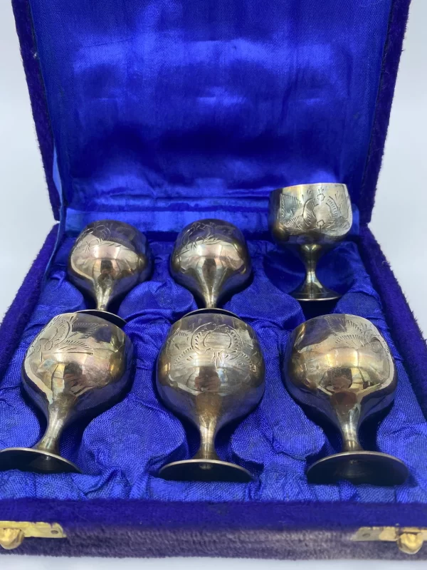 vintage shot glass set etched metal in velvet lined case set of six