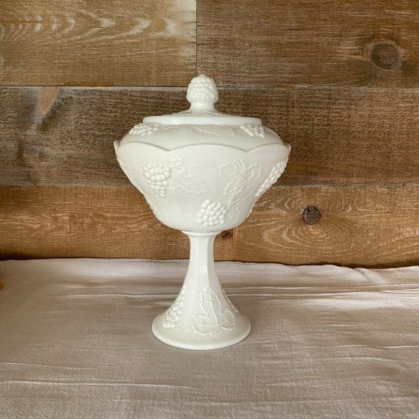 milk glass candy dish with grapes front