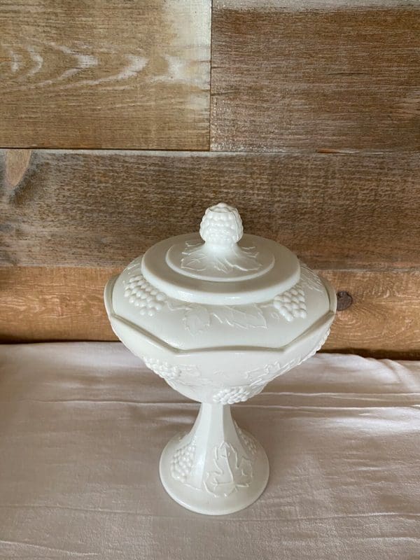 milk glass candy dish with grapes top