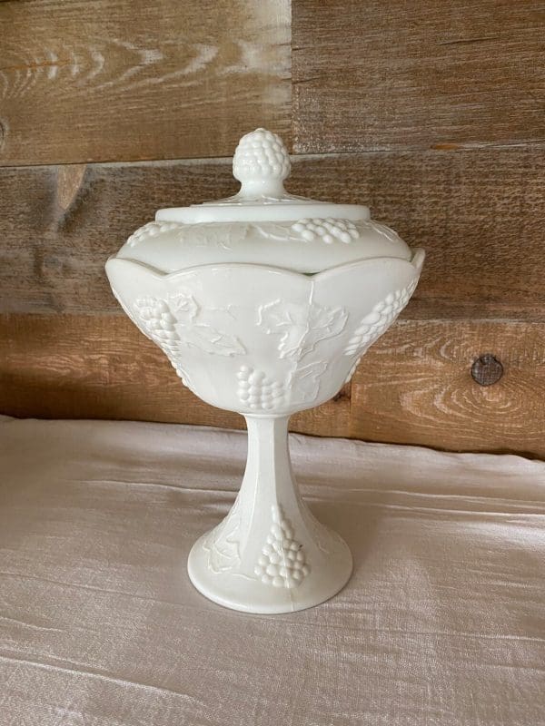 milk glass candy dish with grapes white pressed glass