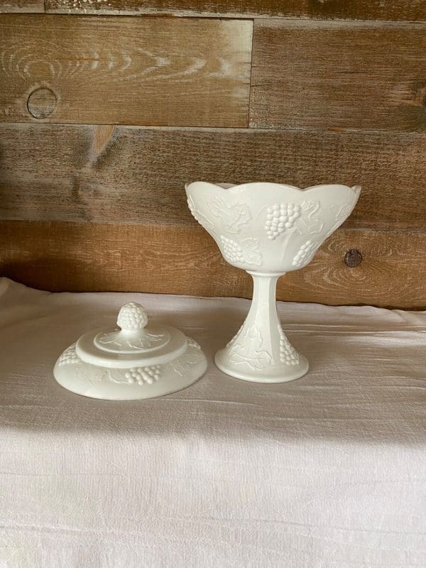 milk glass candy dish with grapes lid off