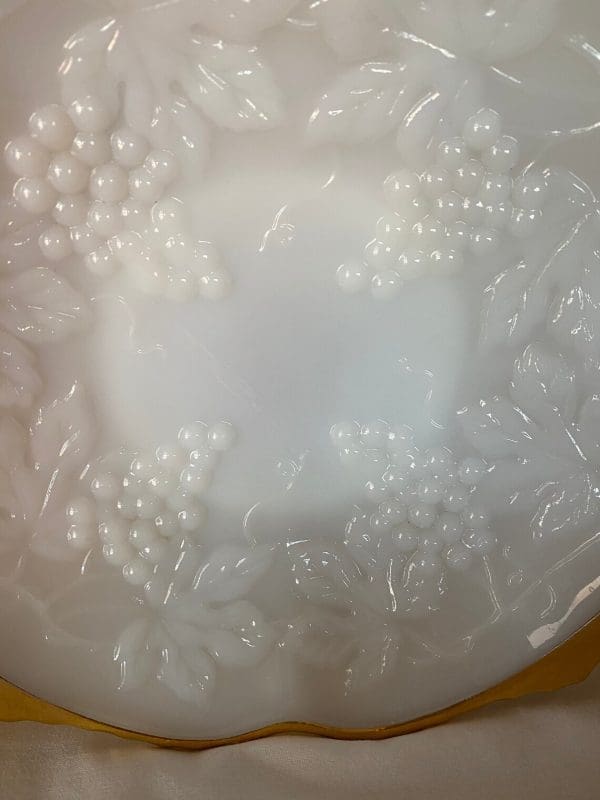 milk glass bowl with grapes close of embossed design