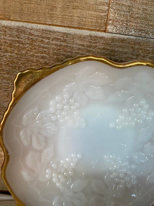 milk glass bowl with grapes gold edges