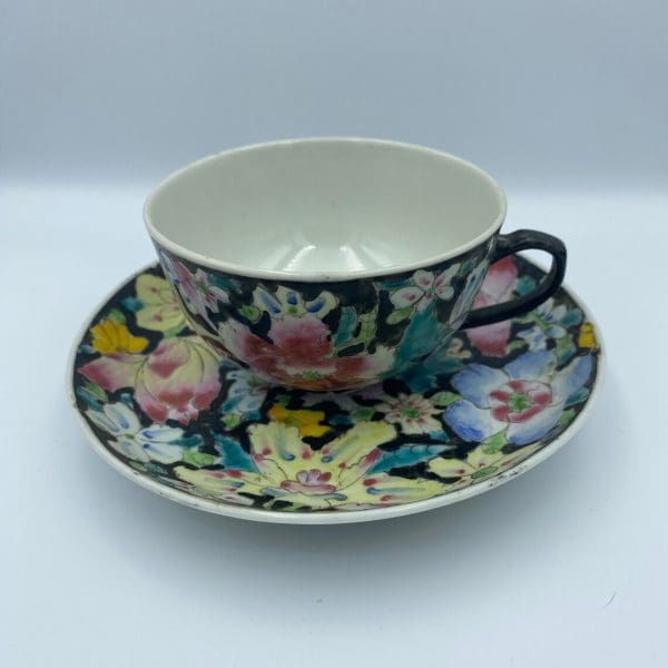 black tea cups with multi color flowers hand painted