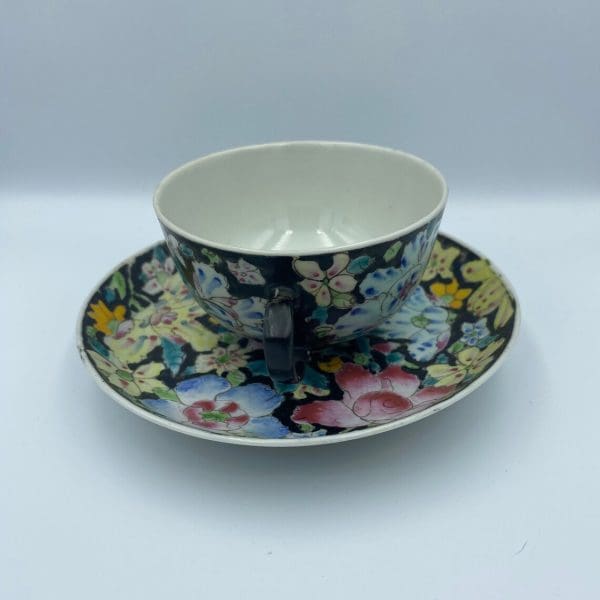 black tea cups hand painted flowers