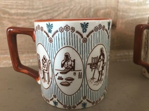 Mom and Dad Mugs Mid Century back of Mom mug images of Mom doing different mom things