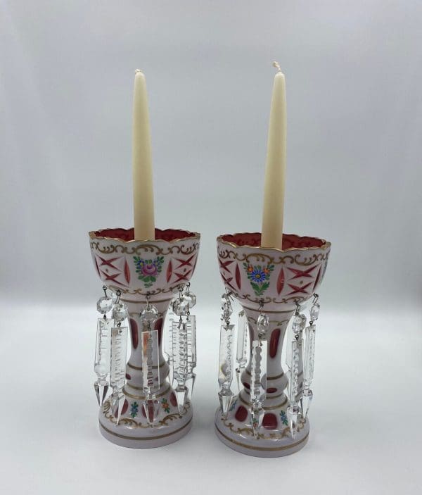 mantle lusters Moser Bohemian Art Glass White Cut to Cranberry displayed with candles