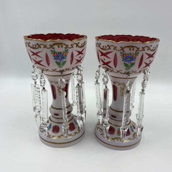 mantle lusters Moser Bohemian Art Glass White Cut to Cranberry pair showing blue painted floral design