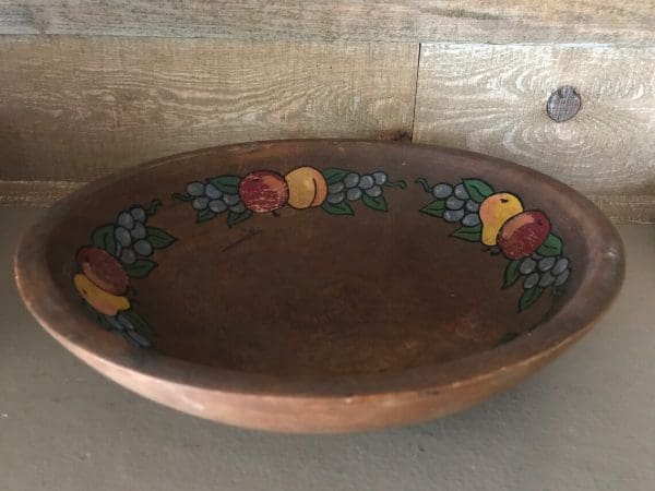 Munising wooden bowl with hand painted fruit grapes, apple, peach, pear