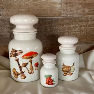 vintage canister sets ceramic with Mushrooms Onions Carrots Small Medium Large front