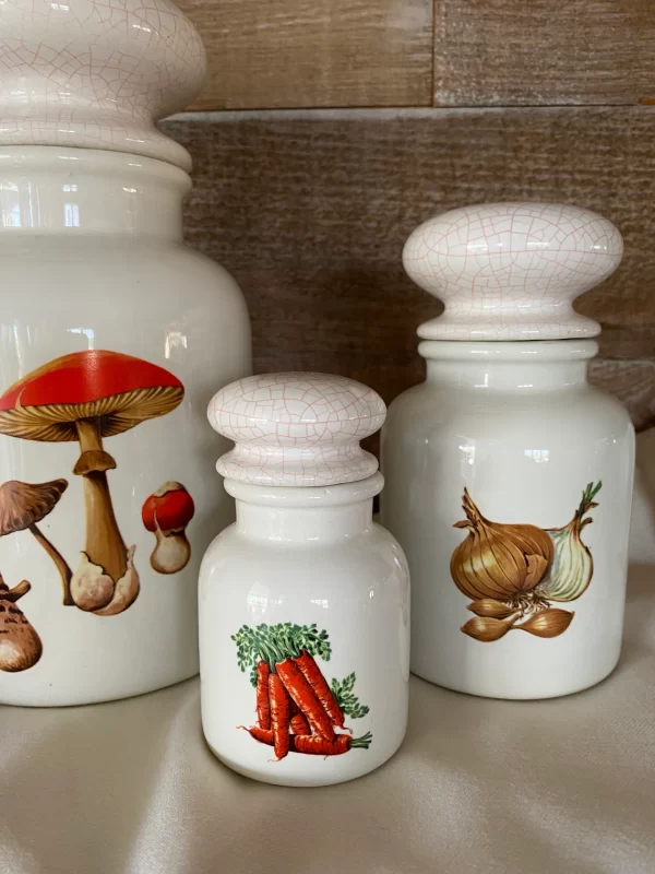 vintage canister sets ceramic with Mushrooms Onions Carrots Small Medium front